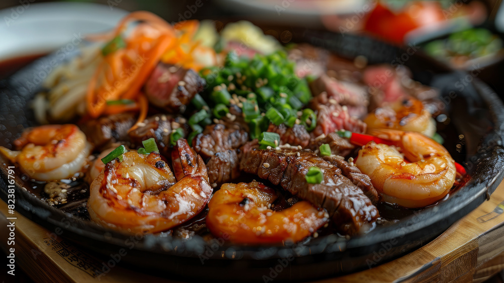 Surf and turf dish with steak and shrimp on sizzling plate, vegetables. Surf and turf dish with steak and shrimp on sizzling plate, vegetables.