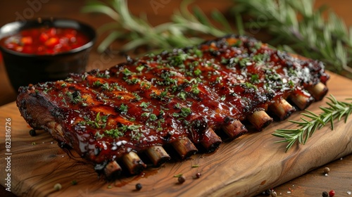 Appetizing barbecued ribs seasoned with parsley and spices on a rustic wooden serving board