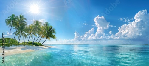 A stunning view of the turquoise ocean and palm trees on an exotic island, perfect for vacation posters or travel advertising © Chand Abdurrafy