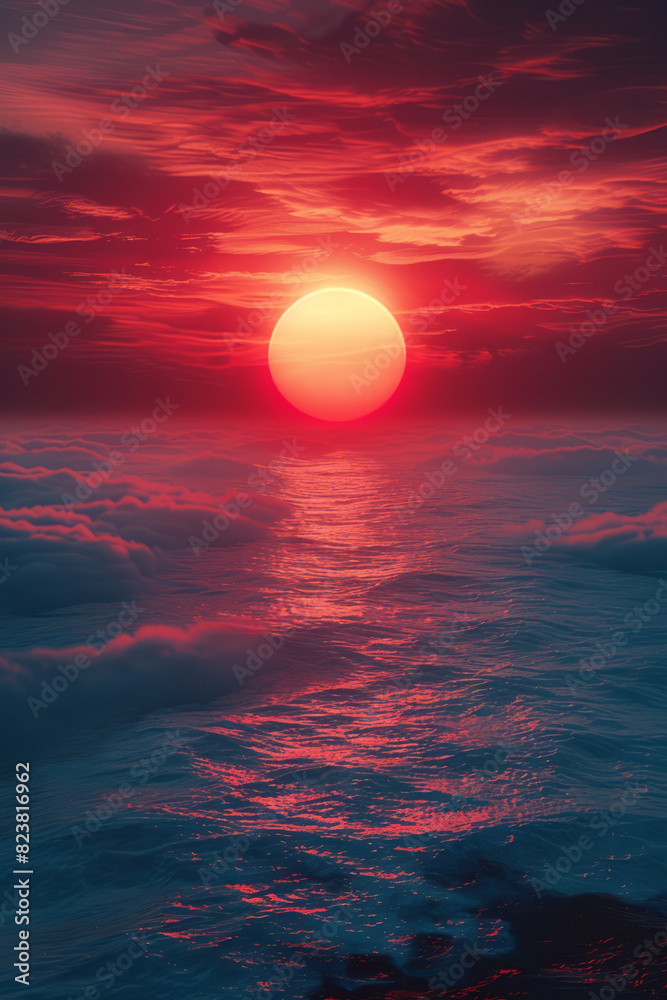 Abstract depiction of a sunrise where the sky changes from blood-red to milky-white, symbolizing hope after conflict, Abstract depiction of a sunrise where the sky changes from blood-red to milky-white, symbolizing hope after conflict,
