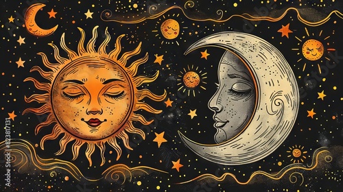 The image is a beautiful depiction of the sun and the moon