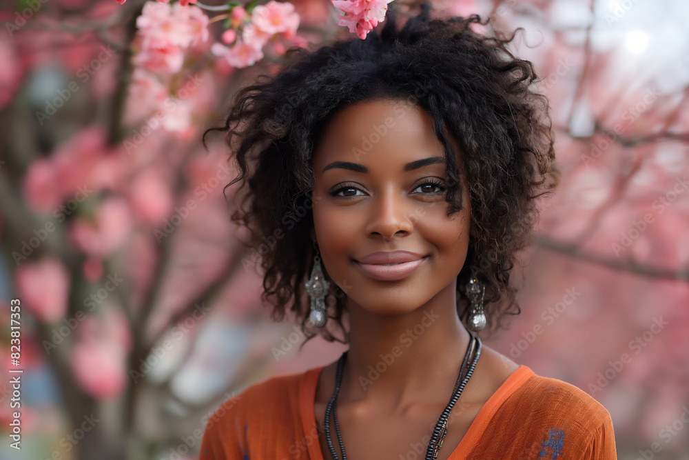 Smiling isolated black skinned beautiful young woman in park among pink blossomed trees. Selective focus. Spring time. Smiling isolated black skinned beautiful young woman in park among pink blossomed trees. Selective focus. Spring time.