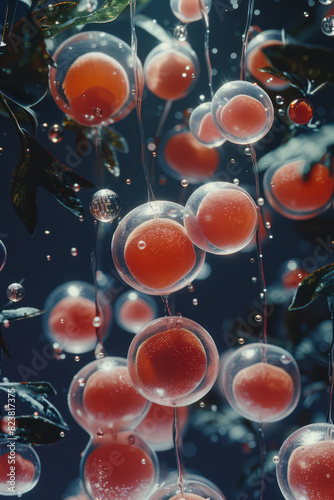 Depiction of red blood cells flowing alongside milk fat globules under a microscope, emphasizing their unique shapes and properties, photo