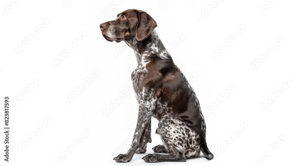 a sitting German Shorthaired Pointer dog, front view, full isolated body, side view, white solid background
