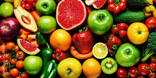 A vibrant  colorful array of fresh fruits and vegetables