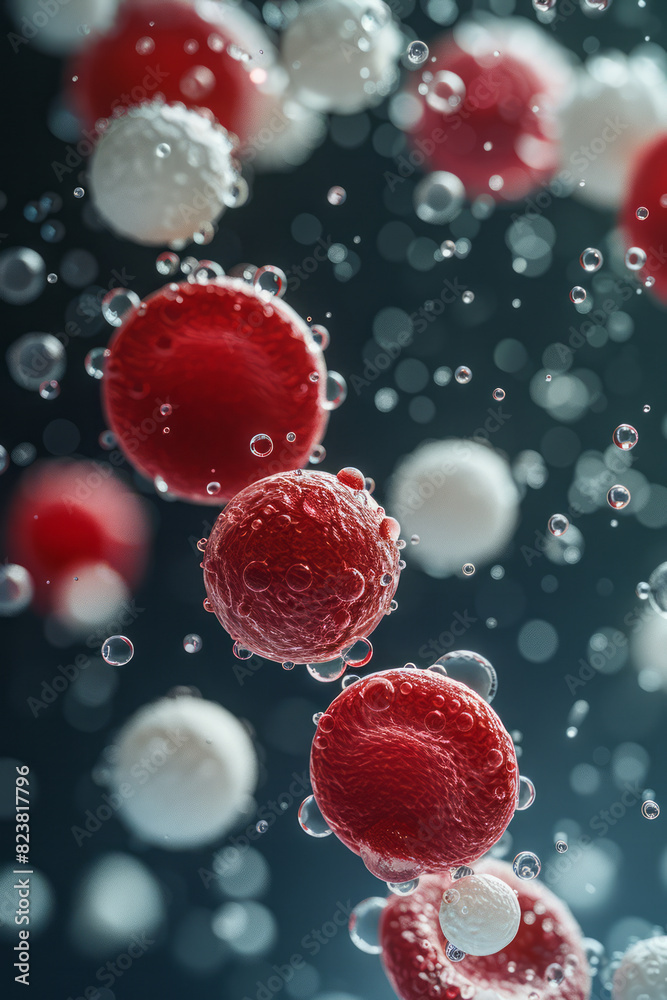 Illustration of red blood cells and white blood cells mingling with milk fat droplets, symbolizing their biological interactions, Illustration of red blood cells and white blood cells mingling with milk fat droplets, symbolizing their biological interactions,