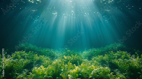 An underwater landscape with sunbeams shining down on lush marine greenery, evoking a sense of tranquility and life
