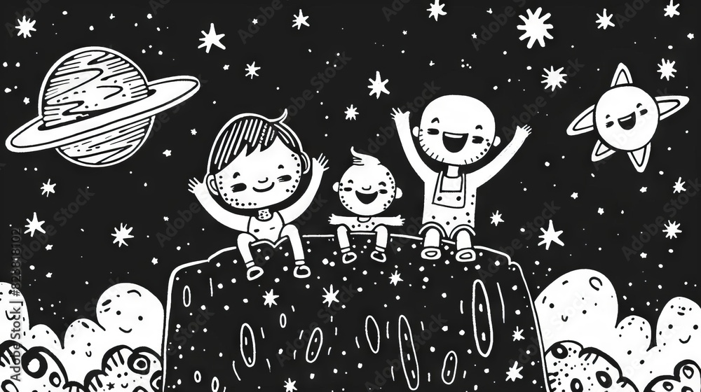 Fototapeta premium The image shows a group of children sitting on a rock in space. They are looking up at the stars and planets. The image is black and white.