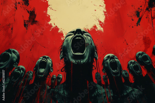 Illustration of a choir singing notes of milk and blood, with each voice contributing to the visual harmony,