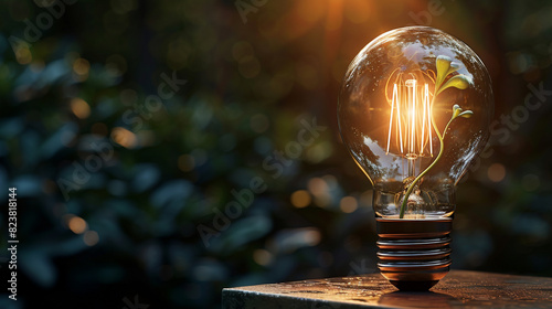 An illuminated lightbulb with a delicate sprout emerging from the filament, showcasing a blend of technology and nature