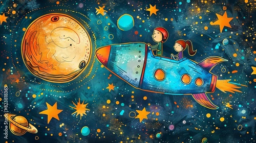 The image shows a rocket ship with a boy and a girl in it photo