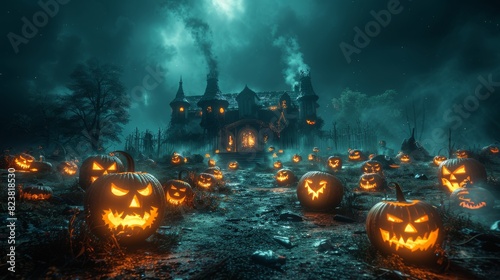 Mystical Halloween scene featuring jack-o-lanterns leading to an enchanted Gothic manor under a moonlit sky photo