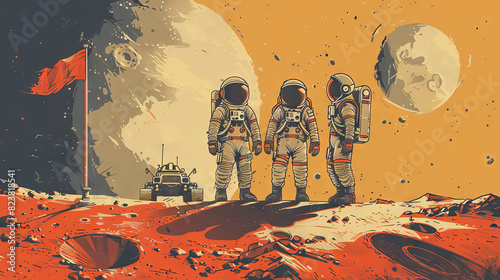 The image shows three astronauts on the surface of Mars. They are wearing spacesuits and carrying flags. In the background, there is a large moon. photo