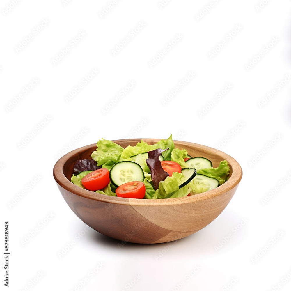 In a studio with a crisp white backdrop, a wooden bowl displays a lively assortment of vegetables, featuring tomatoes, cucumbers, lettuce, onions, olives, and bell peppers, in a fresh salad. In a studio with a crisp white backdrop, a wooden bowl displays a lively assortment of vegetables, featuring tomatoes, cucumbers, lettuce, onions, olives, and bell peppers, in a fresh salad.