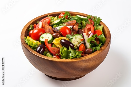 In a studio with a crisp white backdrop, a wooden bowl displays a lively assortment of vegetables, featuring tomatoes, cucumbers, lettuce, onions, olives, and bell peppers, in a fresh salad.