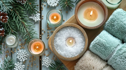 A festive spa wellness setting with candles, snowflakes, and towels, holiday relaxation theme