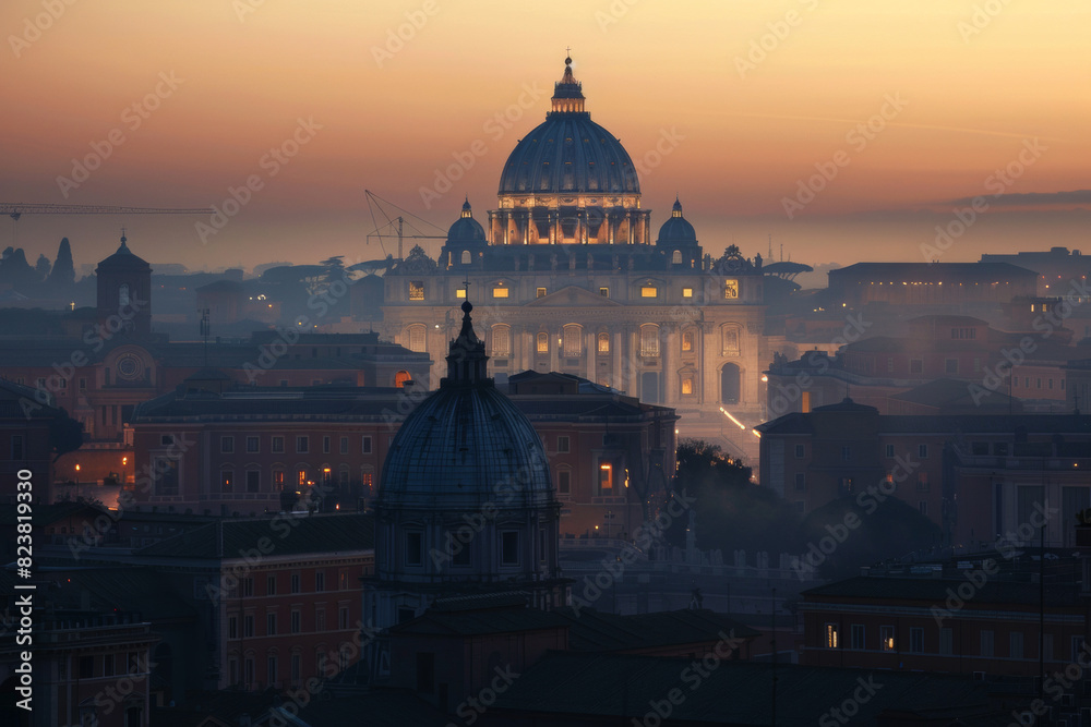 Fototapeta premium The dome of St. Peter's Basilica emerges gradually on the horizon, bathed in a soft morning glow. The Vatican City takes on a tranquil atmosphere