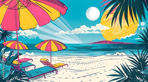 Vibrant Pop Art Style Beach Scene with Playful Comic Book Elements