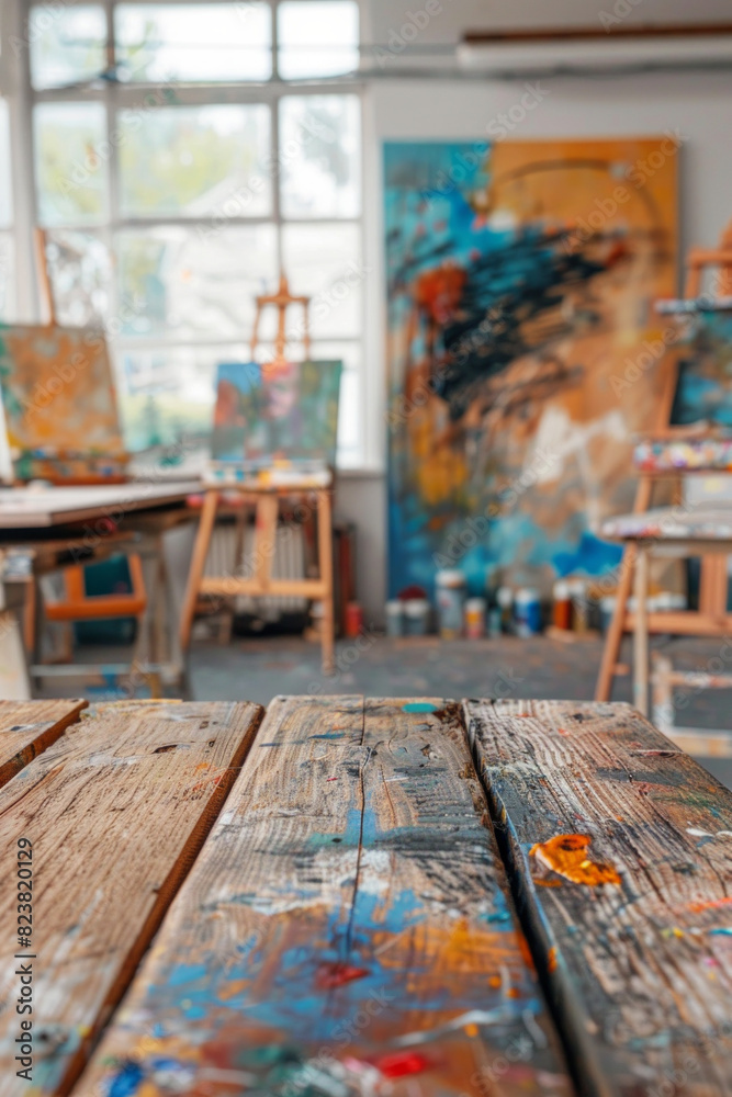 A wooden table in the foreground with a blurred background of an art studio. The background includes easels with canvases, paintbrushes, palettes, colorful paintings on the walls, and shelves A wooden table in the foreground with a blurred background of an art studio. The background includes easels with canvases, paintbrushes, palettes, colorful paintings on the walls, and shelves