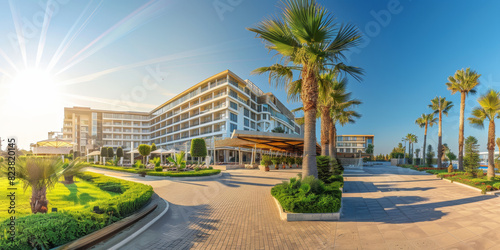 Front image of a big hotel. wide angle. sunny luxury hotel with a beach. wallpaper © EnricaDjango