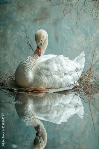 Artistic rendering of a swan with a quill and parchment, drafting plans for a nest on a serene lake, photo