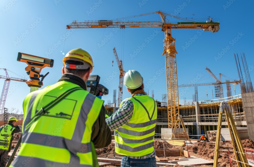 A team of workers in safety gear are using modern equipment to take precise measurements on the construction site A team of workers in safety gear are using modern equipment to take precise measurements on the construction site