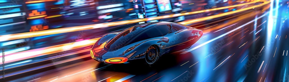 Abstract flying car, streamlined and advanced technology, soaring over a futuristic urban landscape, glowing trails behind, intricate detailing, twilight setting, vibrant neon lights
