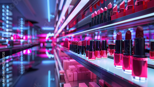 Vivid display of assorted lipstick shades in a modern makeup store