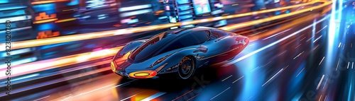 Abstract flying car  streamlined and advanced technology  soaring over a futuristic urban landscape  glowing trails behind  intricate detailing  twilight setting  vibrant neon lights