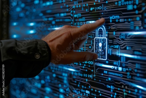 Hand pointing at a digital padlock on a high tech interface, representing secure data storage and advanced cybersecurity measures.