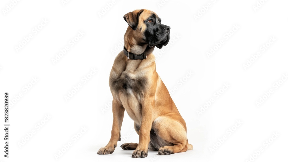 a sitting Mastiff dog, front view, full isolated body, side view, white solid background