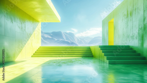 
3d rendering  landscape  a stage of neon lime green, color #C8F902 , platform outdoor in the middle of otherworldly without anything else. Copy space.this platform also serves as  podium.