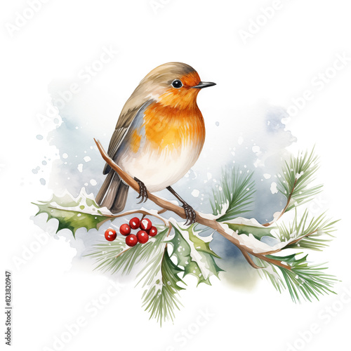 Watercolor Christmas bird robin perched on branch with bright red berries and pine needles on snowy background.