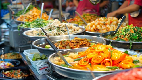A vibrant and bustling street food market with various stalls offering exotic dishes, colorful ingredients