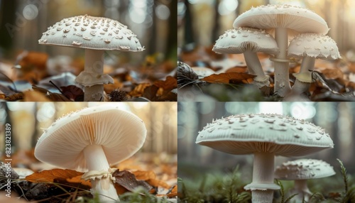 Four photos of a white spotted mushroom.