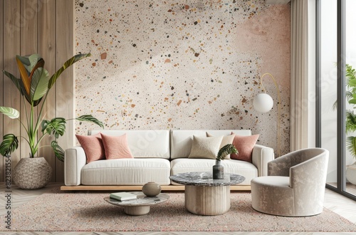 A terrazzo wall in pastel pink and white, behind the sofa and armchair, living room interior design
