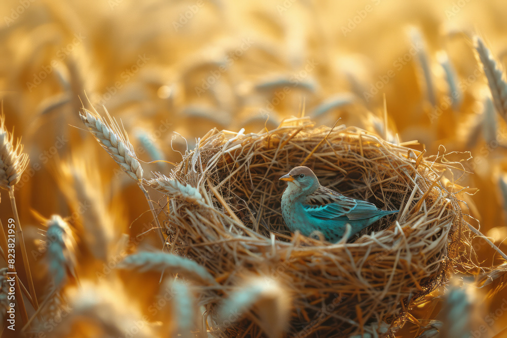 Illustration of a bird's nest amidst a field of wheat, with lines and textures representing the cycles of growth and harvest. Illustration of a bird's nest amidst a field of wheat, with lines and textures representing the cycles of growth and harvest.