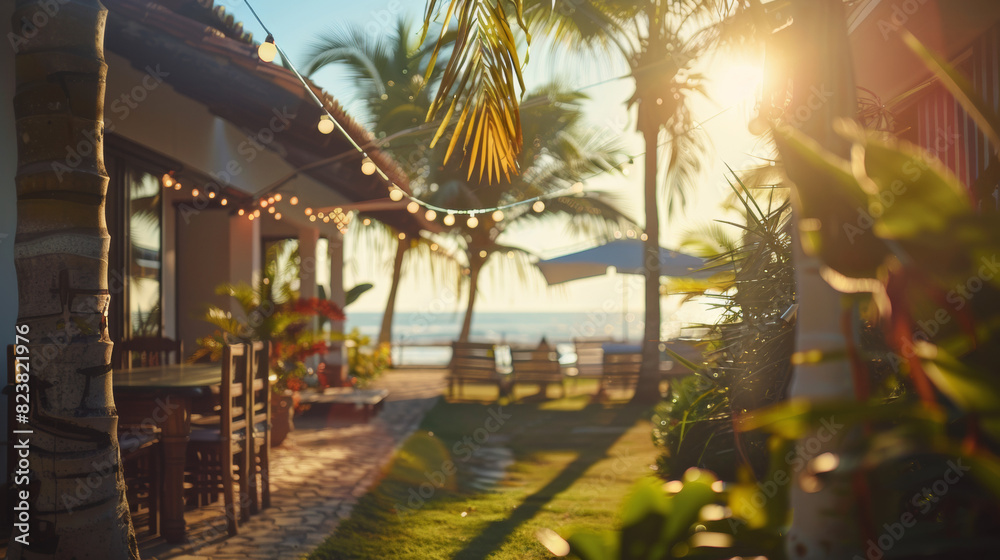 Naklejka premium A Brazilian beach house with a party further back on a beautiful hot summer day. Bright, warm sunlight , relaxed atmosphere.