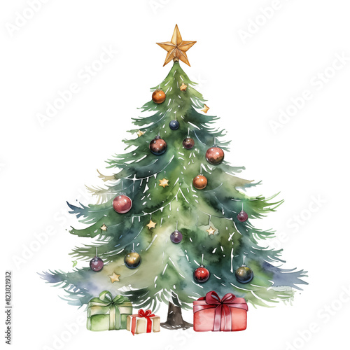 Watercolor Christmas tree nd gift boxes isolated on white background.
