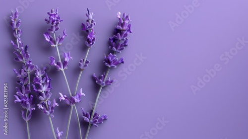 Lavender Stems Arranged on a Plain Purple Background   Copy space. 
