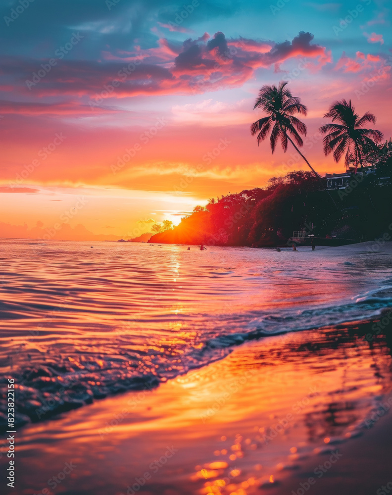 A beautiful secluded tropical beach at sunset, a few africans are swimming in the water, bright vibrant colorful photo