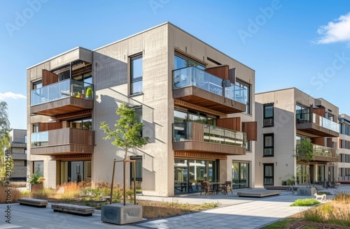 A three-story residential building with balconies on each floor, showcasing the architectural style in the style of modern apartment buildings in parade ground developments