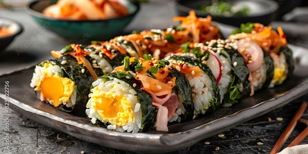 Korean Gimbap: Rice Rolls with Vegetables, Egg, Ham, Pickled Radish, and Kimchi. Concept Korean cuisine, Traditional food, Gimbap recipe, Korean street food, Asian dishes Korean Gimbap: Rice Rolls with Vegetables, Egg, Ham, Pickled Radish, and Kimchi. Concept Korean cuisine, Traditional food, Gimbap recipe, Korean street food, Asian dishes