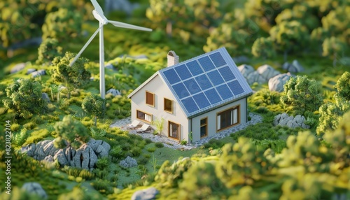 Small house among green field with solar panels on the roof and windmill near by © Sittipol 