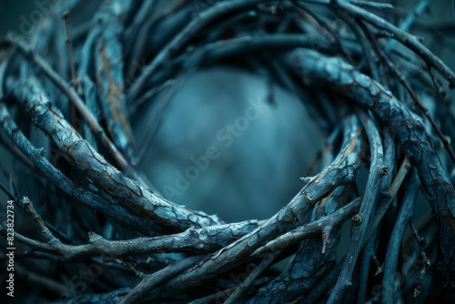 Abstract image of twigs being bent and twisted into the curved walls of a nest, showing the transformation from chaos to order,
