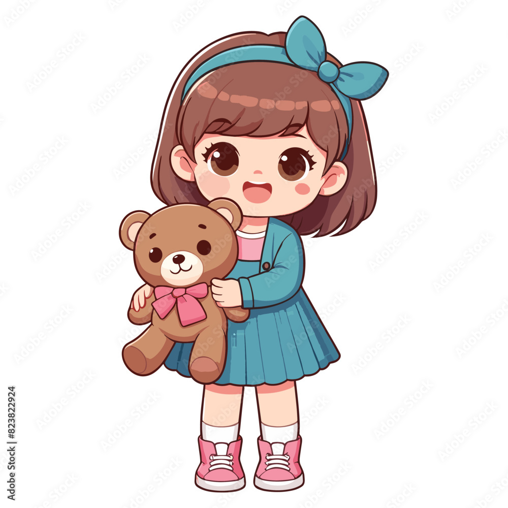 Naklejka premium A Happy cartoon girl holding a teddy bear vector