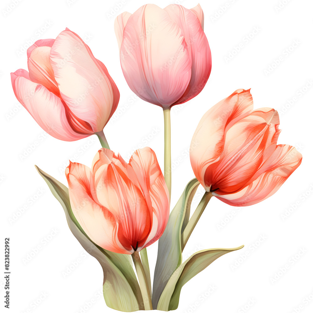 Beautiful pink tulips in full bloom, delicate petals, and vibrant colors, perfect for springtime floral designs and nature-themed projects.