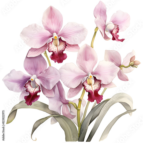 Beautiful pink orchids in full bloom with lush green leaves  showcasing natural elegance and delicate floral beauty.