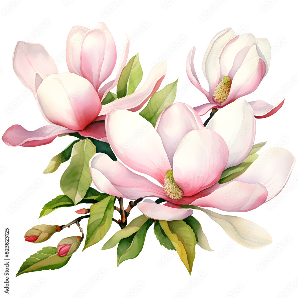Close-up illustration of blooming pink magnolia flowers with green leaves, perfect for botanical and nature-themed designs. Close-up illustration of blooming pink magnolia flowers with green leaves, perfect for botanical and nature-themed designs.