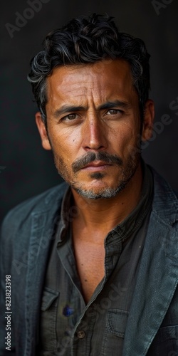 Angry serious Latino man looking at camera, gray background, headshot,Serious Latinx Man with Intense Gaze - Striking 4K Wallpaper © Da